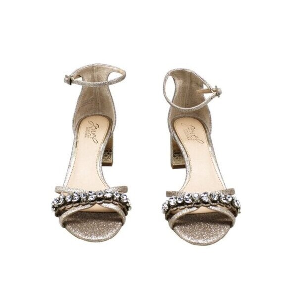 Jewel Badgley Mischka Gold Block Heel Evening Sandals - Picture 5 of 8